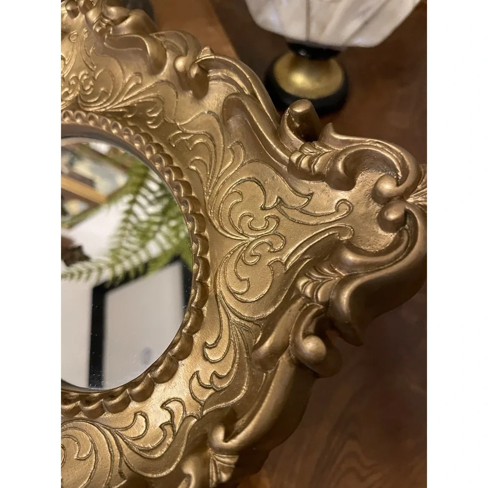 Vtg Ornate Gold Hollywood Regency Scroll Etched Design Resin Wall Mirror 7.5x9